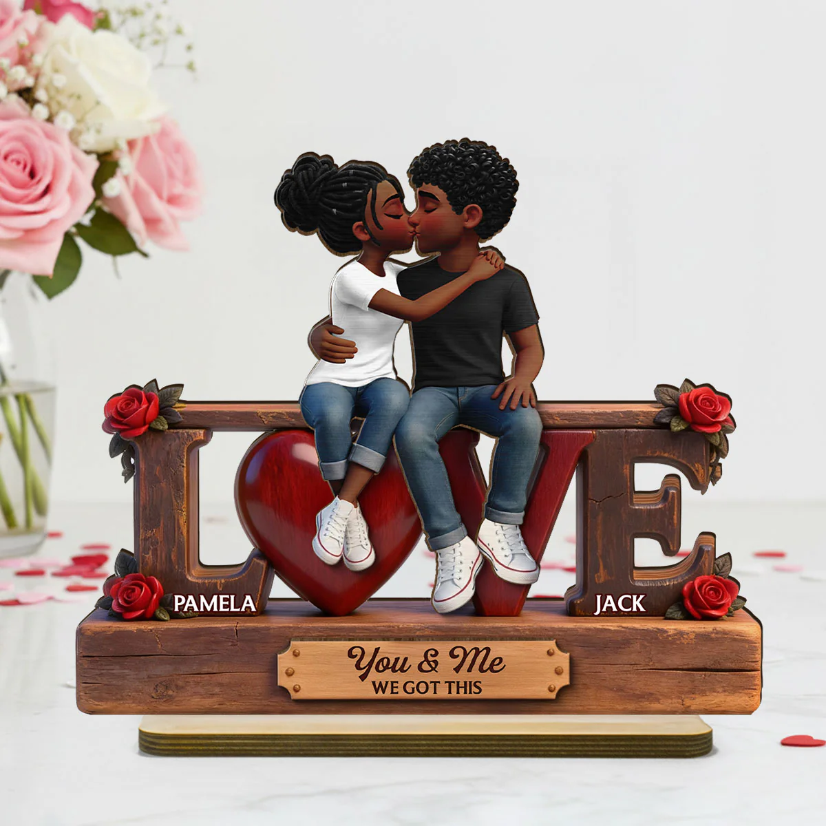 Roses LOVE Couple Sitting Kissing - Personalized 2-Layered Wooden Plaque - Heartfelt Gift For Couple, For Him, For Her