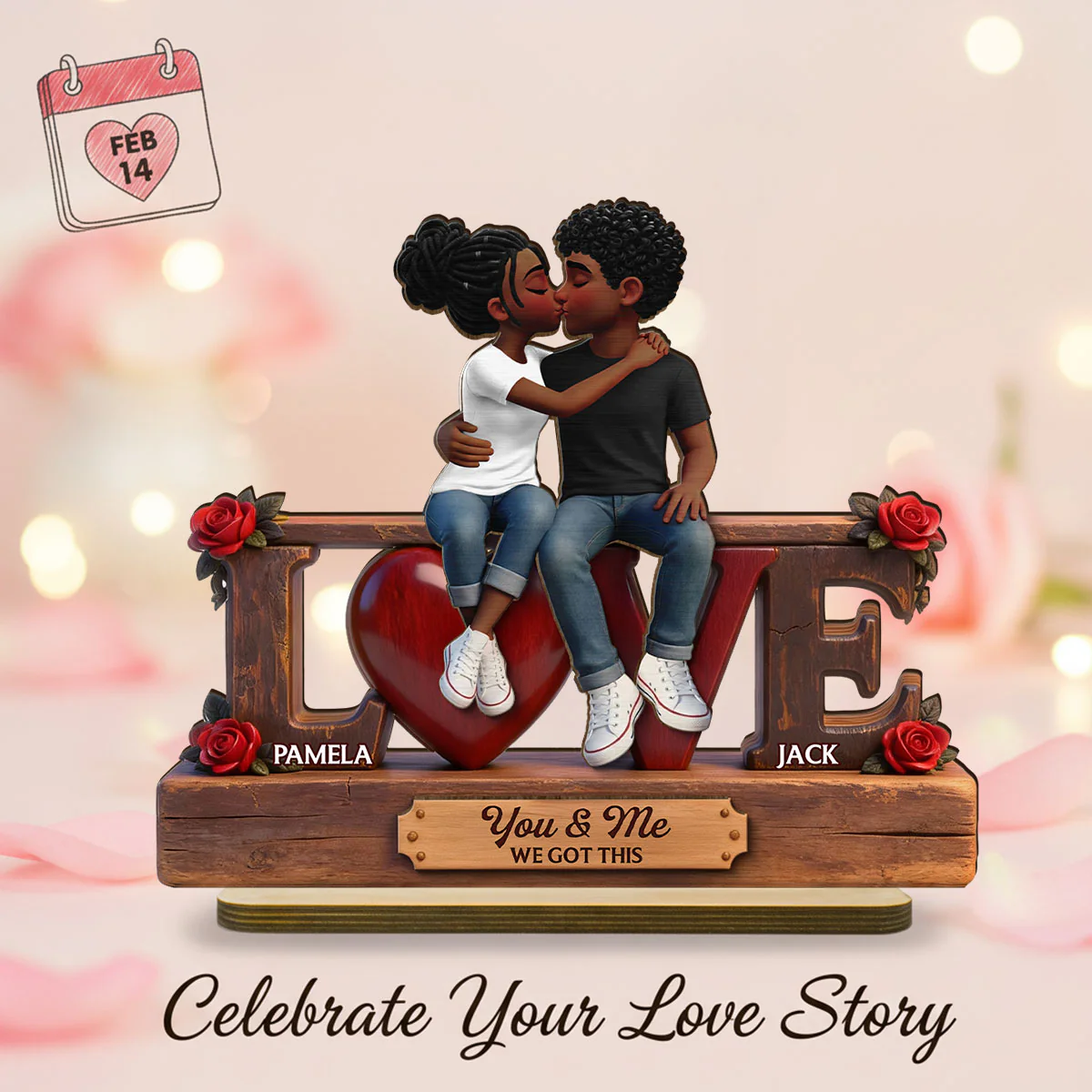 Roses LOVE Couple Sitting Kissing - Personalized 2-Layered Wooden Plaque - Heartfelt Gift For Couple, For Him, For Her - Image 10