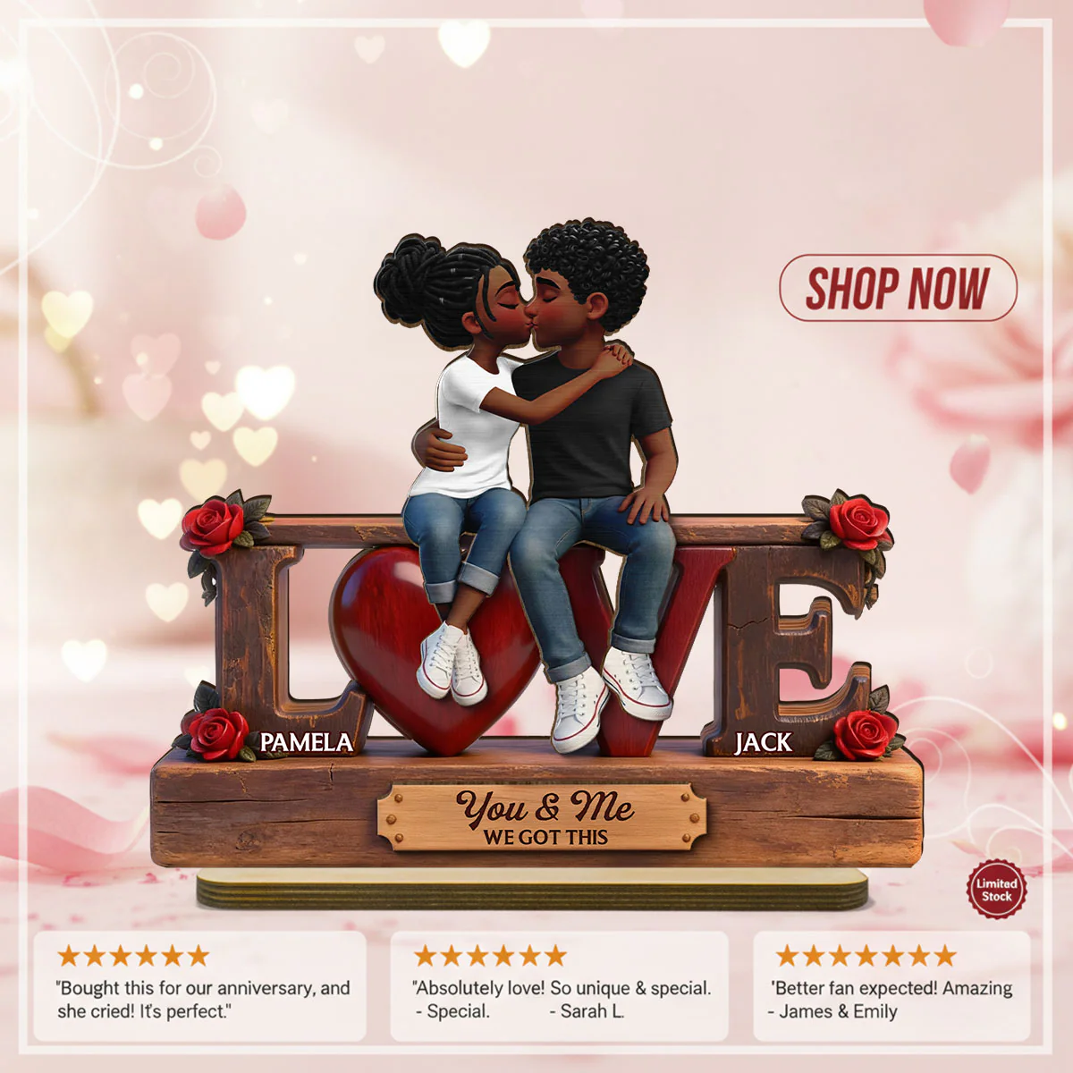 Roses LOVE Couple Sitting Kissing - Personalized 2-Layered Wooden Plaque - Heartfelt Gift For Couple, For Him, For Her - Image 11