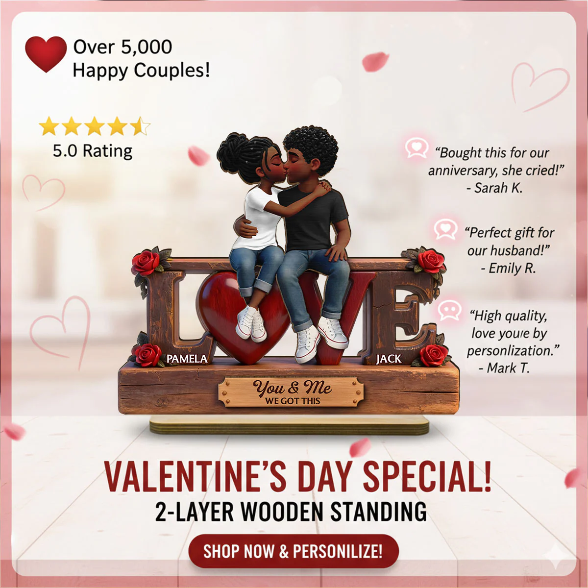 Roses LOVE Couple Sitting Kissing - Personalized 2-Layered Wooden Plaque - Heartfelt Gift For Couple, For Him, For Her - Image 12