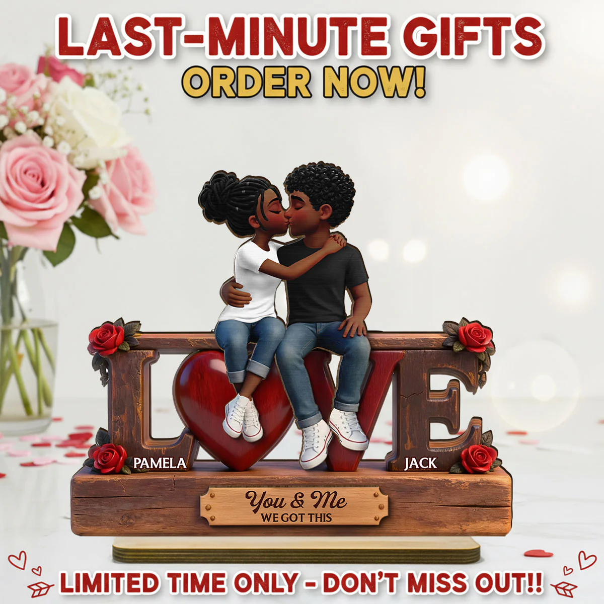 Roses LOVE Couple Sitting Kissing - Personalized 2-Layered Wooden Plaque - Heartfelt Gift For Couple, For Him, For Her - Image 13