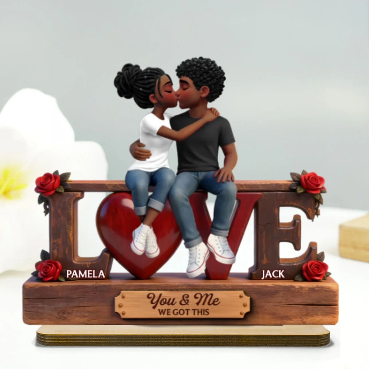 Roses LOVE Couple Sitting Kissing - Personalized 2-Layered Wooden Plaque - Heartfelt Gift For Couple, For Him, For Her - Image 14