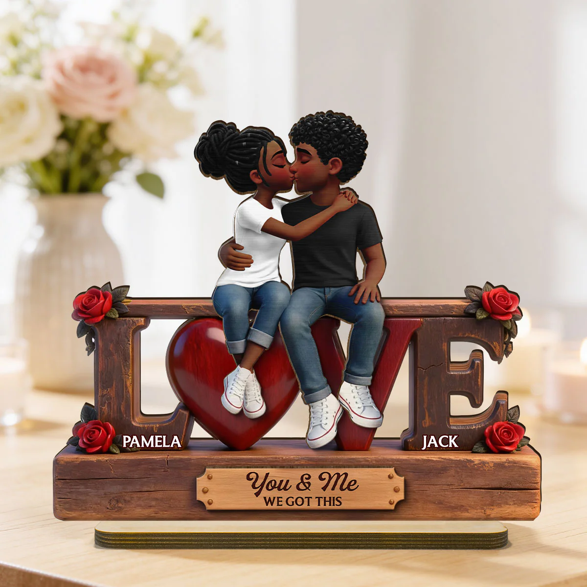 Roses LOVE Couple Sitting Kissing - Personalized 2-Layered Wooden Plaque - Heartfelt Gift For Couple, For Him, For Her - Image 2