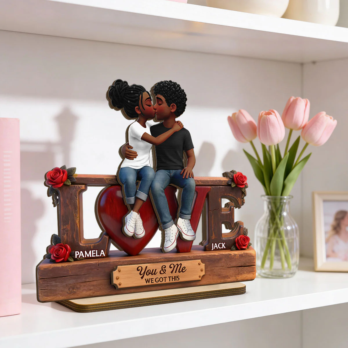 Roses LOVE Couple Sitting Kissing - Personalized 2-Layered Wooden Plaque - Heartfelt Gift For Couple, For Him, For Her - Image 3