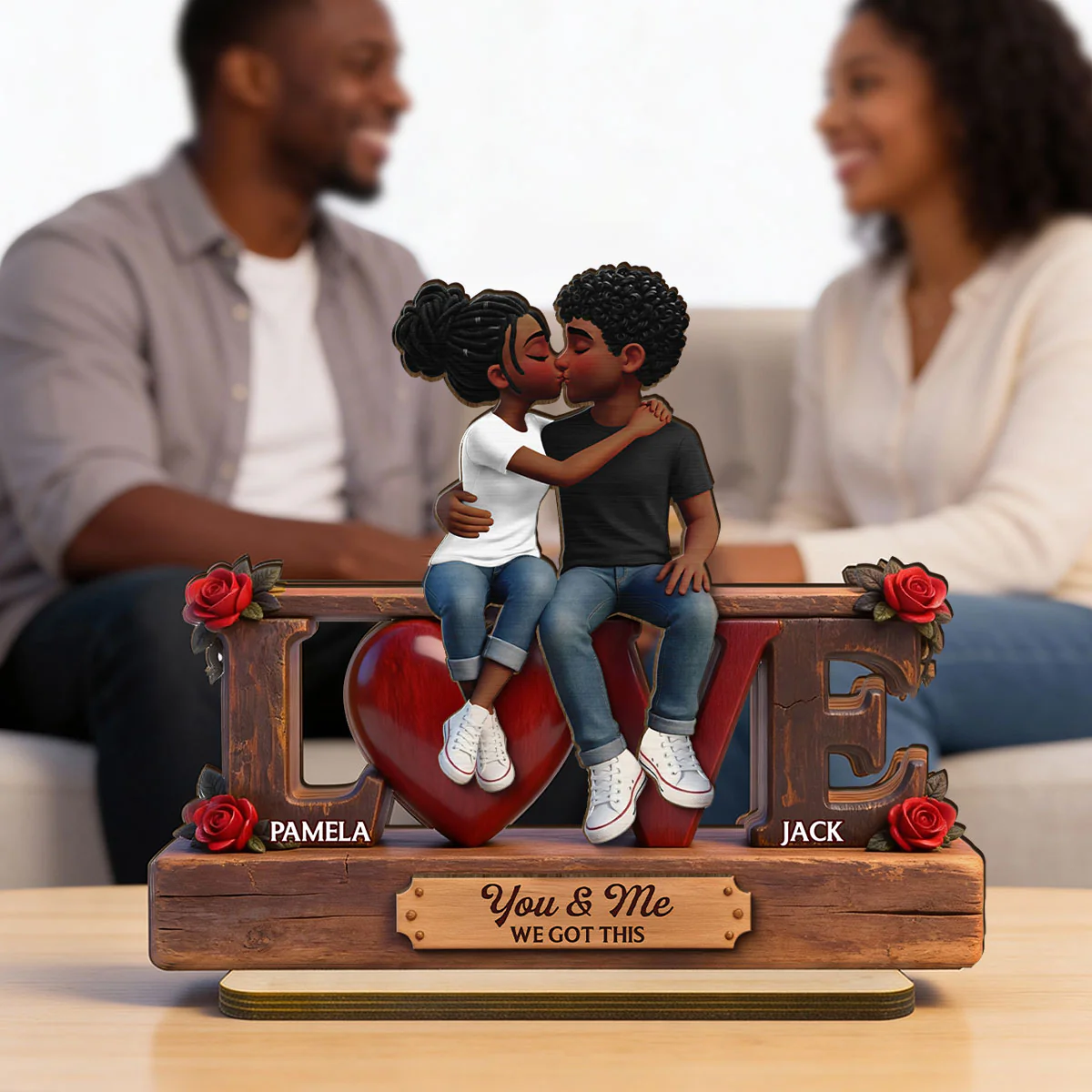 Roses LOVE Couple Sitting Kissing - Personalized 2-Layered Wooden Plaque - Heartfelt Gift For Couple, For Him, For Her - Image 4