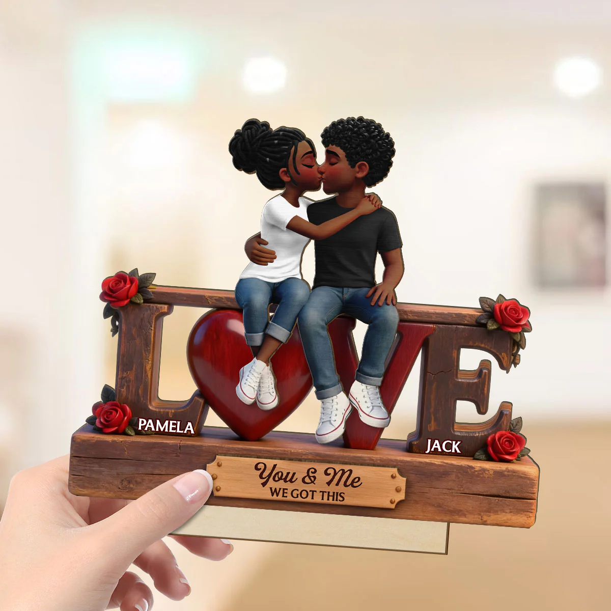 Roses LOVE Couple Sitting Kissing - Personalized 2-Layered Wooden Plaque - Heartfelt Gift For Couple, For Him, For Her - Image 5