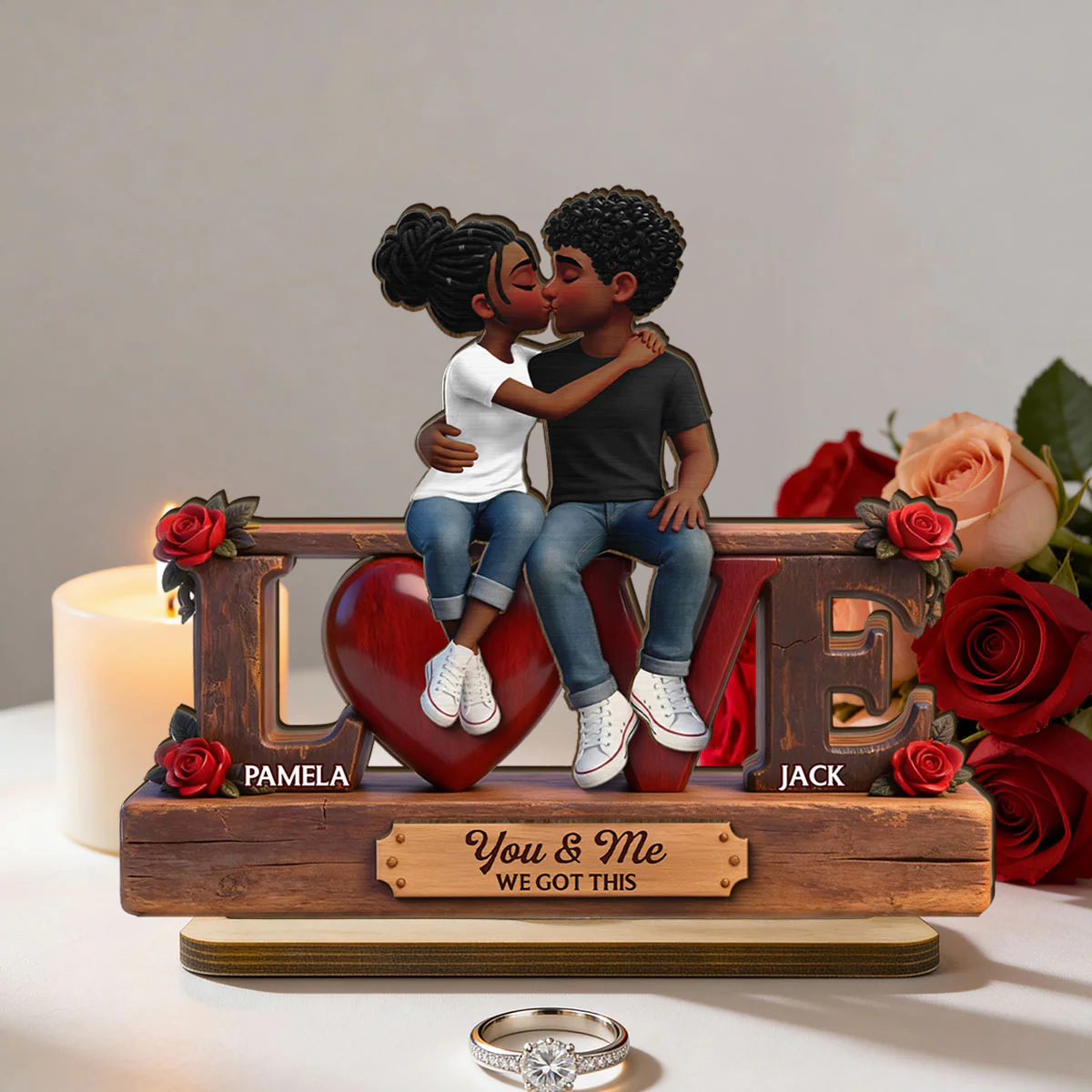 Roses LOVE Couple Sitting Kissing - Personalized 2-Layered Wooden Plaque - Heartfelt Gift For Couple, For Him, For Her - Image 6