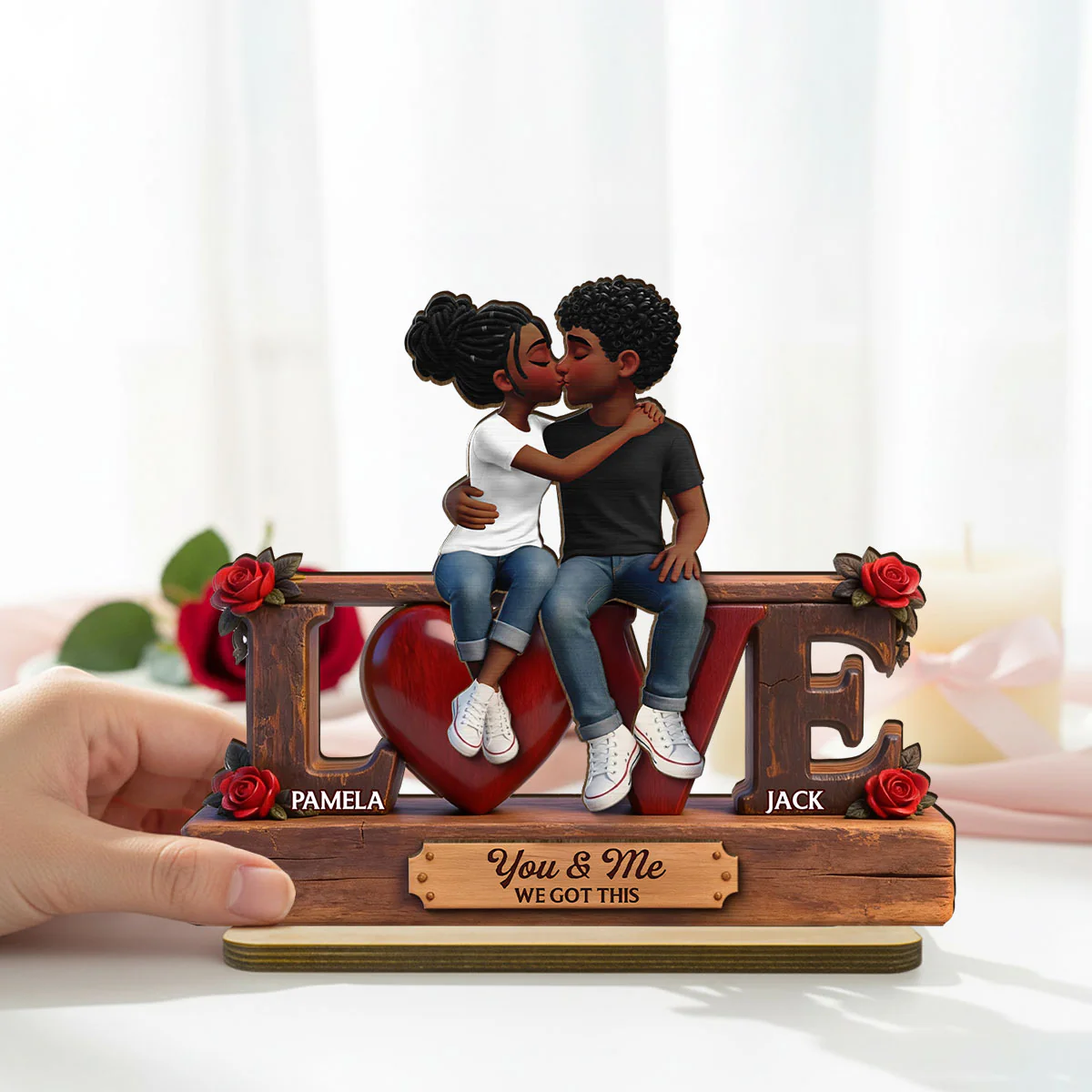 Roses LOVE Couple Sitting Kissing - Personalized 2-Layered Wooden Plaque - Heartfelt Gift For Couple, For Him, For Her - Image 7