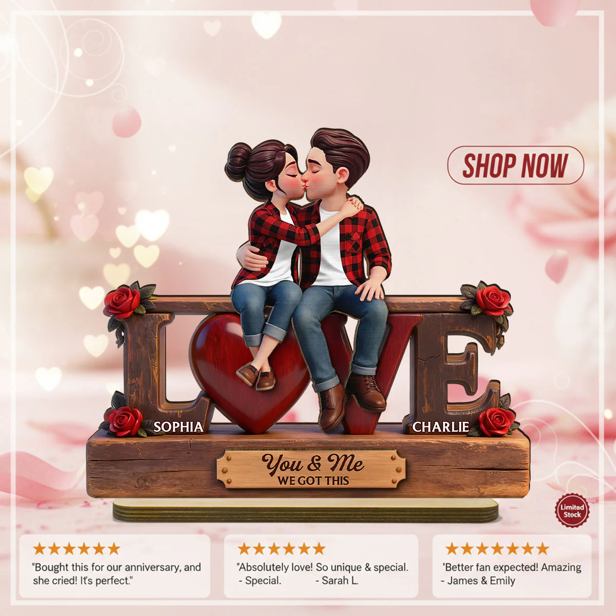 Eternal Rose LOVE Couple Forever Together - Personalized 2-Layered Wooden Plaque - Heartfelt Gift For Couple, For Him, For Her - Image 10