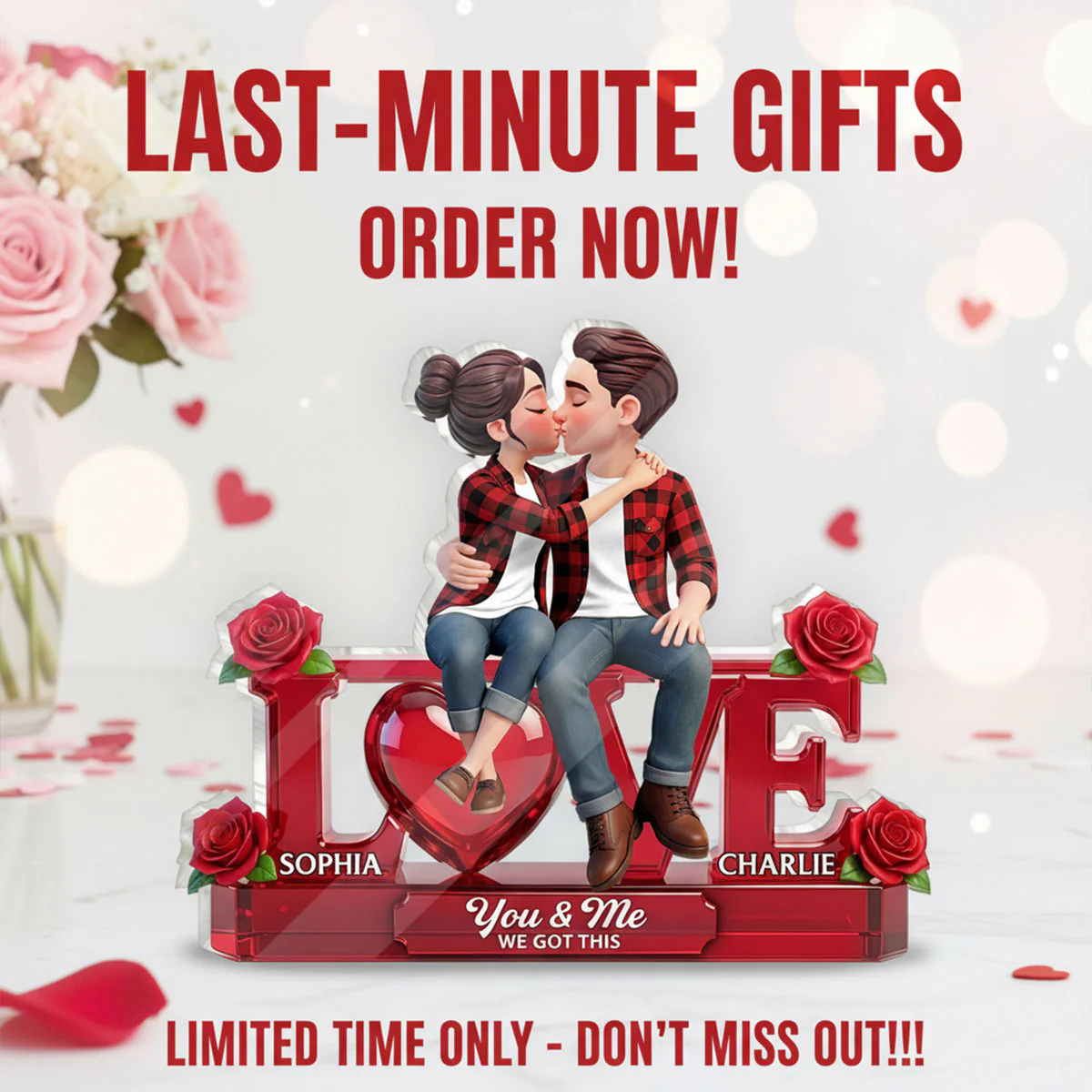 Roses LOVE Couple Sitting Kissing - Personalized Acrylic Block Plaque - Valentine's Day Gift For Couple, For Him, For Her - Image 11