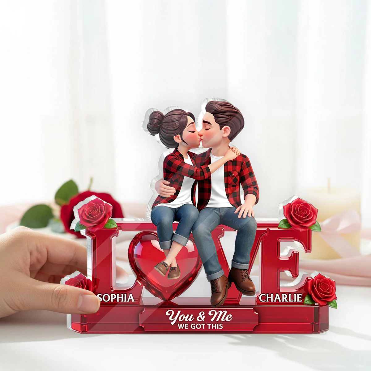 Roses LOVE Couple Sitting Kissing - Personalized Acrylic Block Plaque - Valentine's Day Gift For Couple, For Him, For Her - Image 2