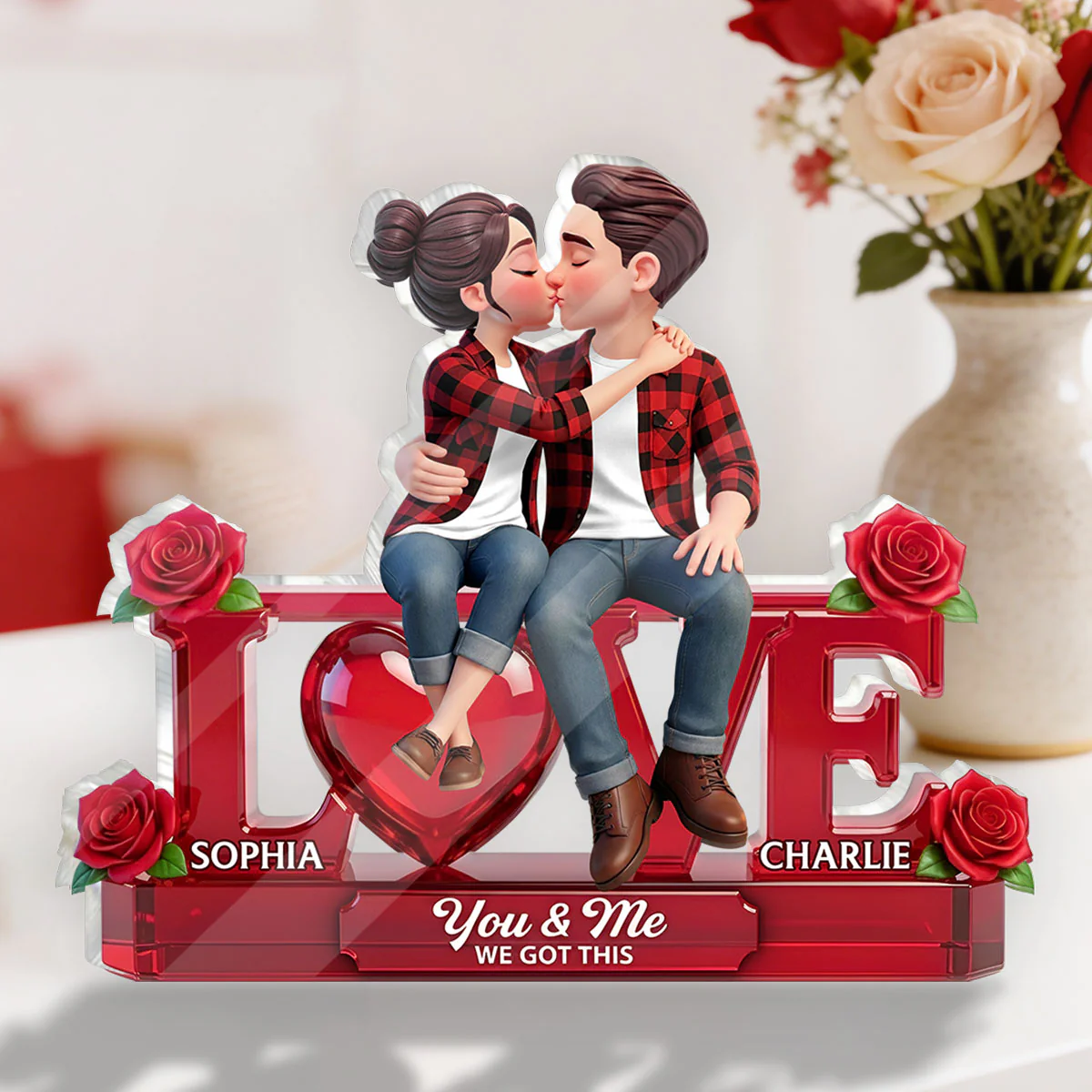 Roses LOVE Couple Sitting Kissing - Personalized Acrylic Block Plaque - Valentine's Day Gift For Couple, For Him, For Her - Image 4
