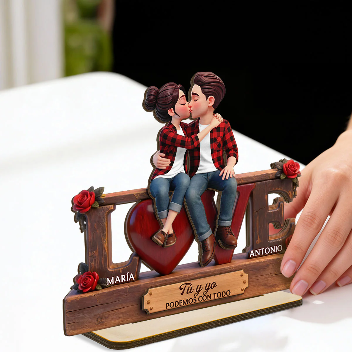 Roses LOVE Spanish Couple Sitting Kissing - Personalized 2-Layered Wooden Plaque - Heartfelt Gift For Couple - Image 11