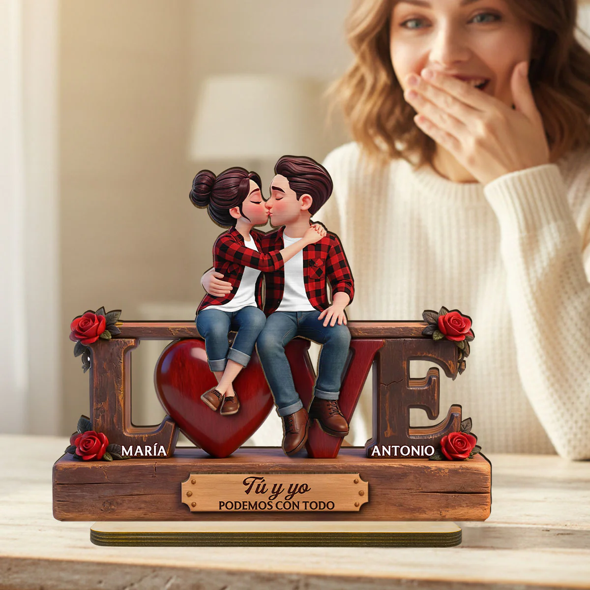 Roses LOVE Spanish Couple Sitting Kissing - Personalized 2-Layered Wooden Plaque - Heartfelt Gift For Couple - Image 5