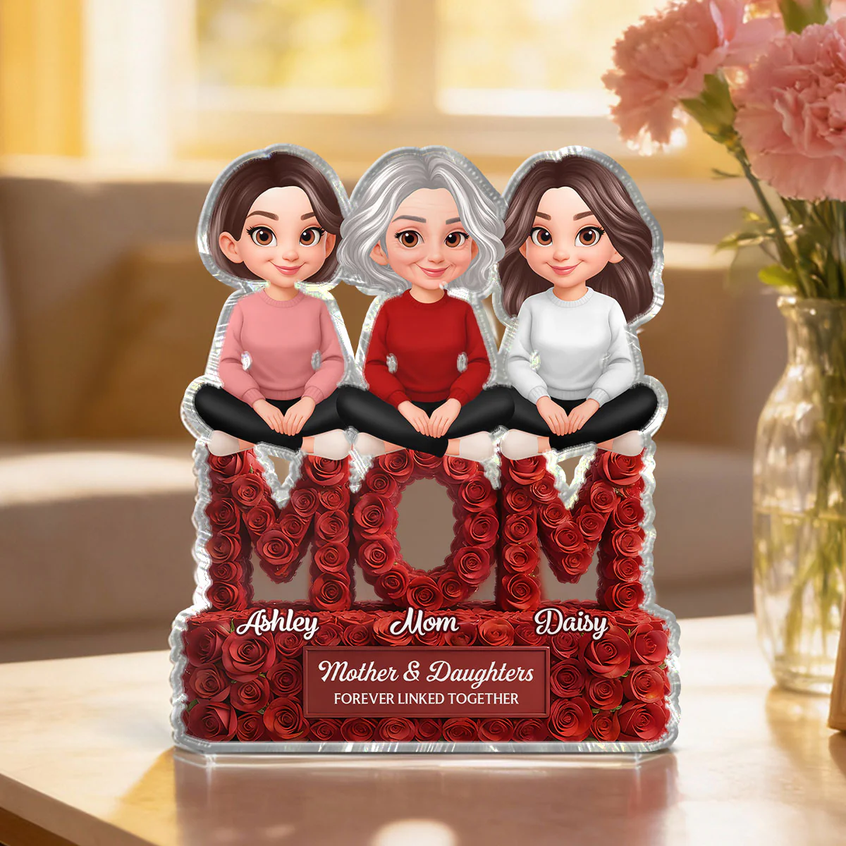 Roses MOM And Daughters Sons - Personalized Acrylic Block Plaque - Gift For Mom