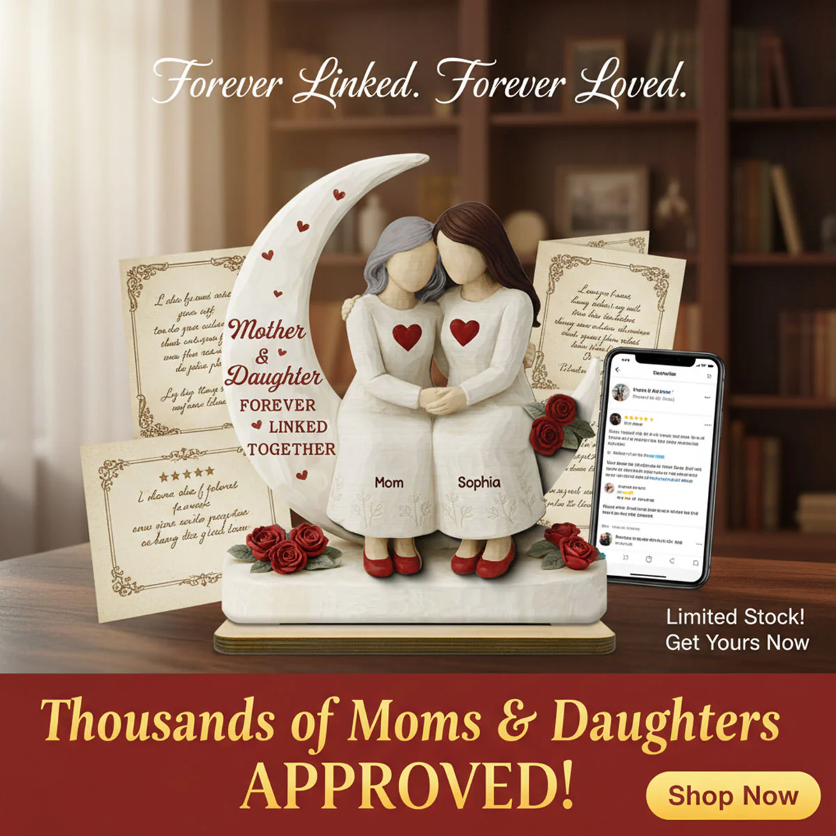 Roses Moon Mom And Daughter Forever Linked Together - Personalized 2-Layered Wooden Plaque - Gift For Mom, Daughter - Image 8