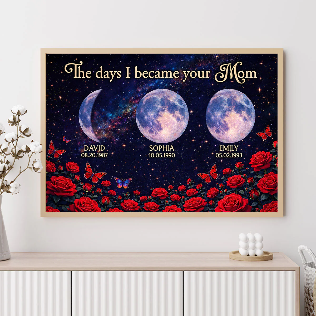 Roses The Day You Became Mom Grandma Custom Birth Moon Phase - Personalized Poster - Mother's Day Gift For Mom, Grandma