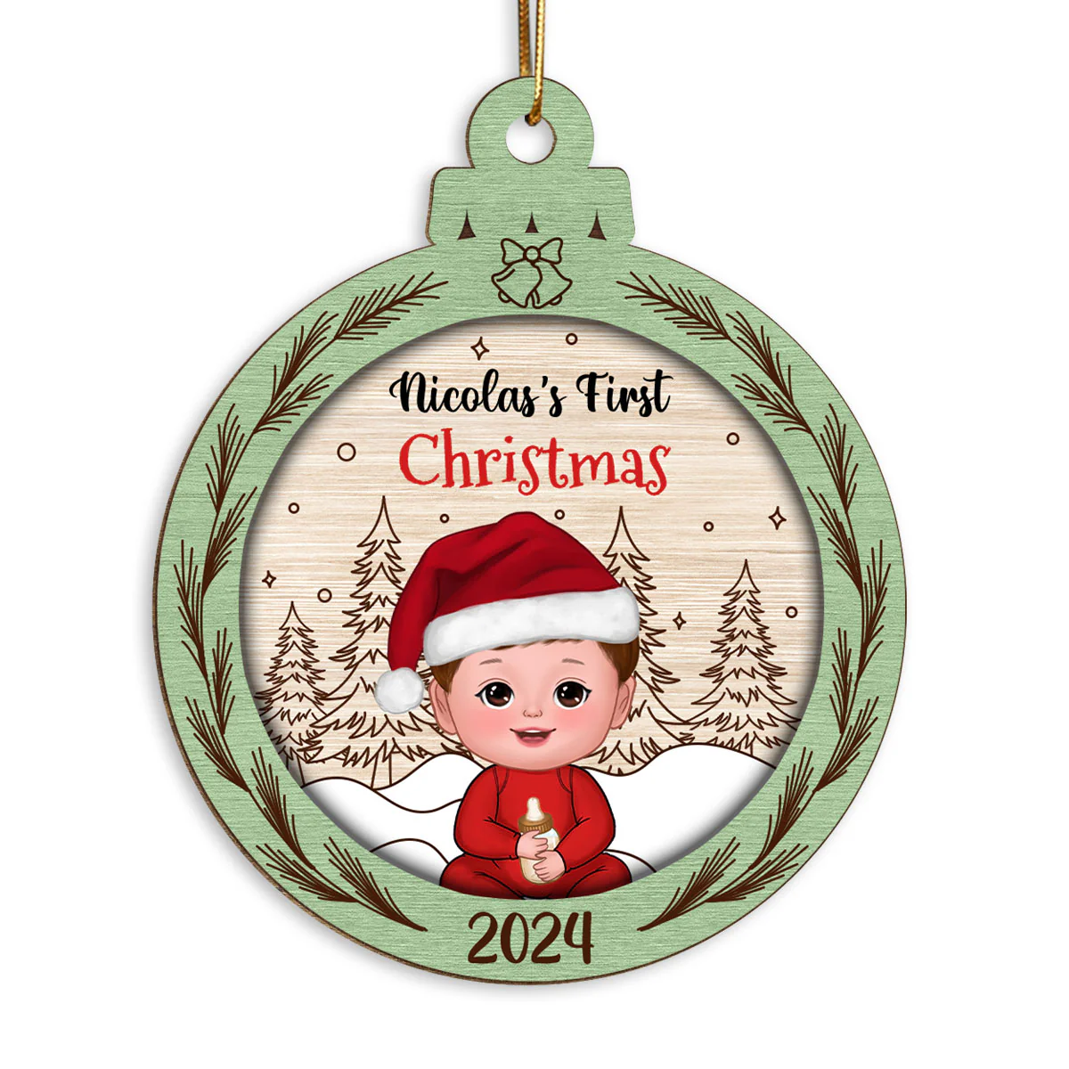 Rustic Baby's First Christmas Personalized Wooden Ornament