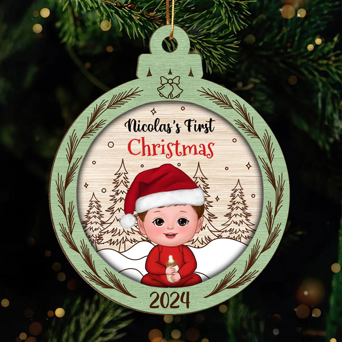 Rustic Baby's First Christmas Personalized Wooden Ornament - Image 2