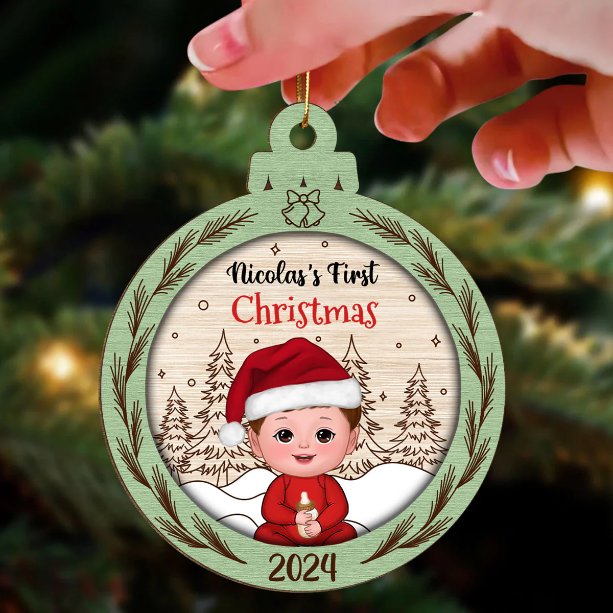 Rustic Baby's First Christmas Personalized Wooden Ornament - Image 3