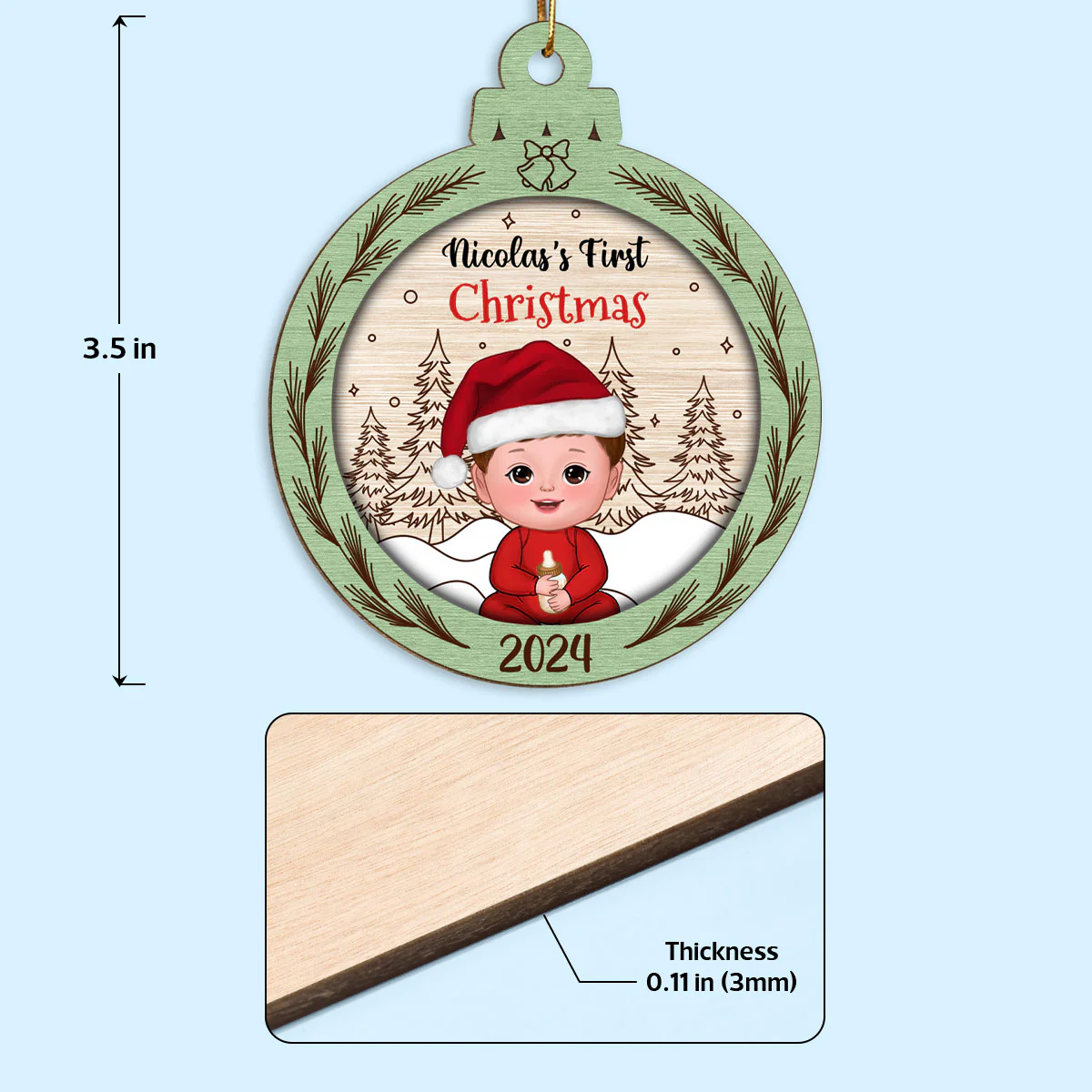 Rustic Baby's First Christmas Personalized Wooden Ornament - Image 4