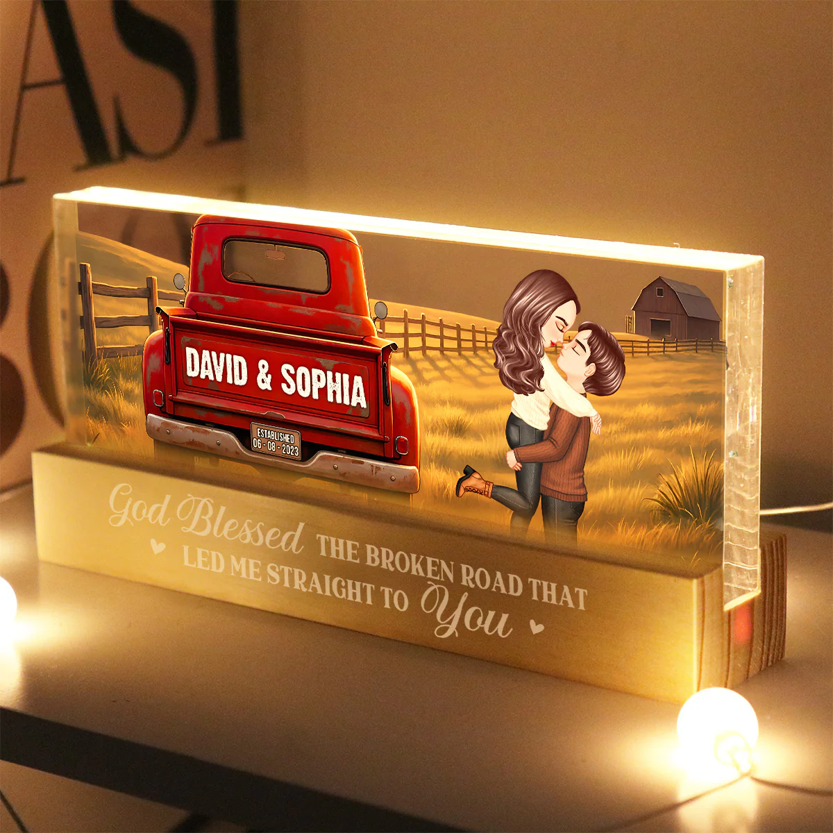 Rustic Nostalgia Red Truck Couple Hugging Kissing Farmhouse Decor - Personalized Acrylic Block LED Night Light - Heartfelt Valentine, Anniversary Gift For Him, For Her - Image 2