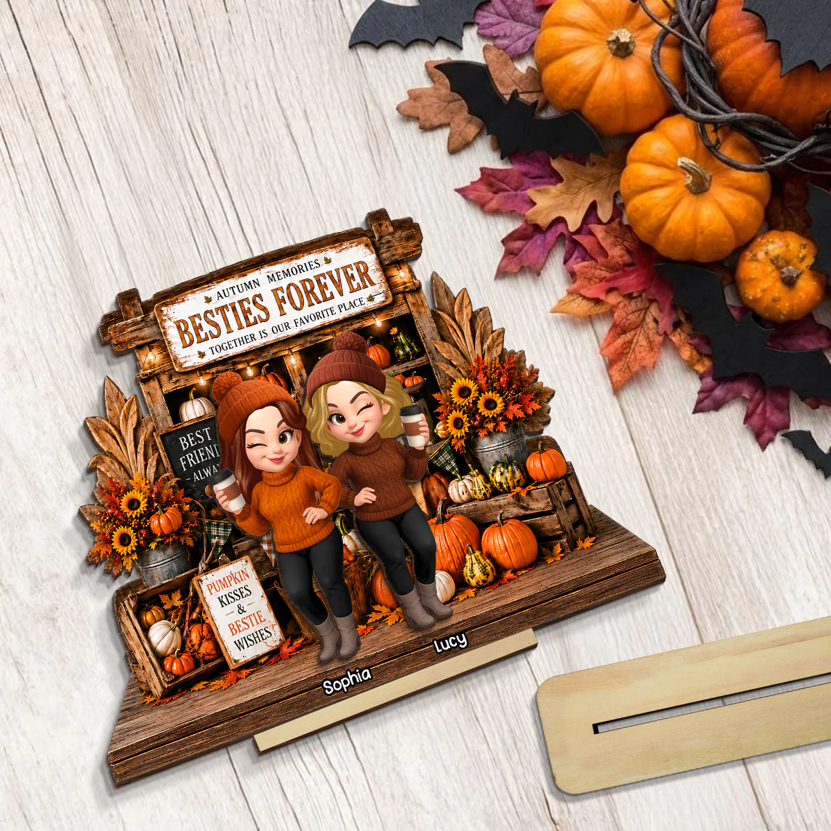 Rustic Pumpkin Patch Farm Besties - Personalized 2-Layered Wooden Plaque - Fall Season Gift For Besties - Image 6