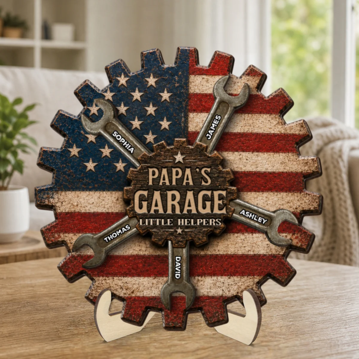 Rustic Workshop Little Helpers Nation Flag Theme 2D Flat - Personalized 2-Layered Wooden Plaque - Gift For Patriotic Mechanic Dad, Grandpa - Image 11