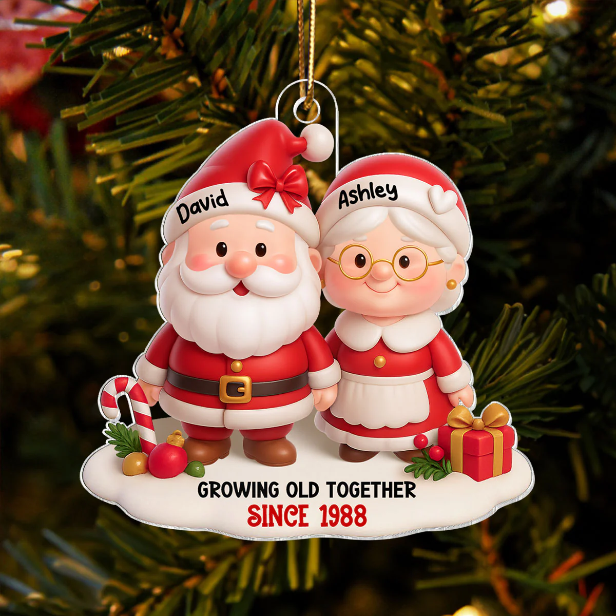 Santa Couple Growing Old Together - Personalized Acrylic Ornament - Gift for Him, Gift for Her