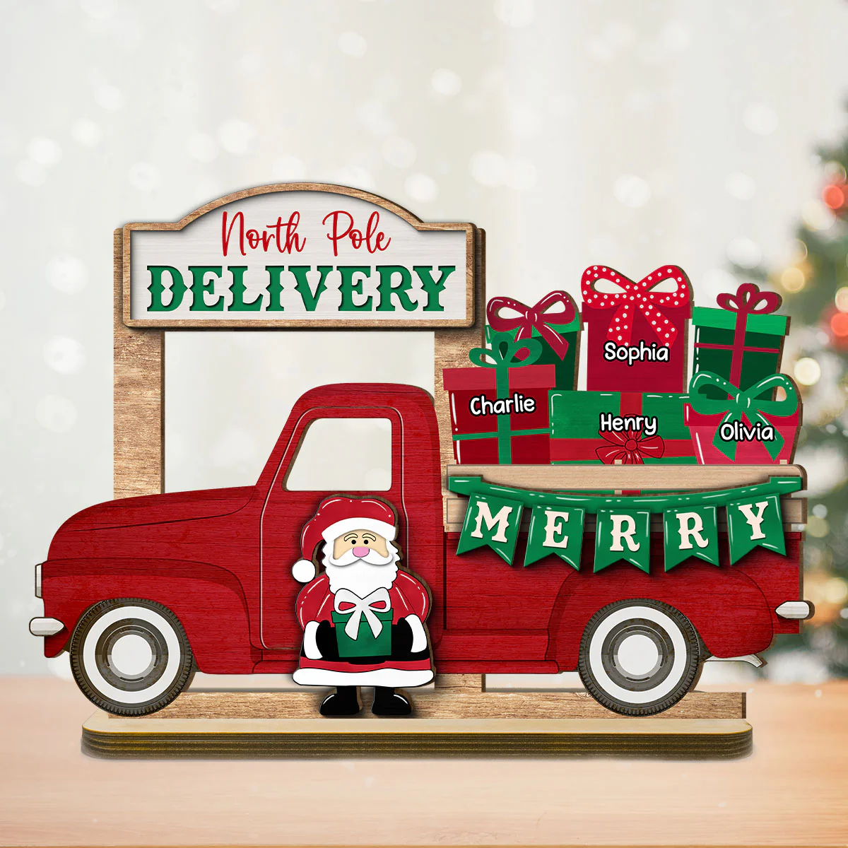 Santa Gifts Christmas Truck Personalized 2-Layer Standing Wooden Plaque, Christmas Decoration, Tiered Tray Decor