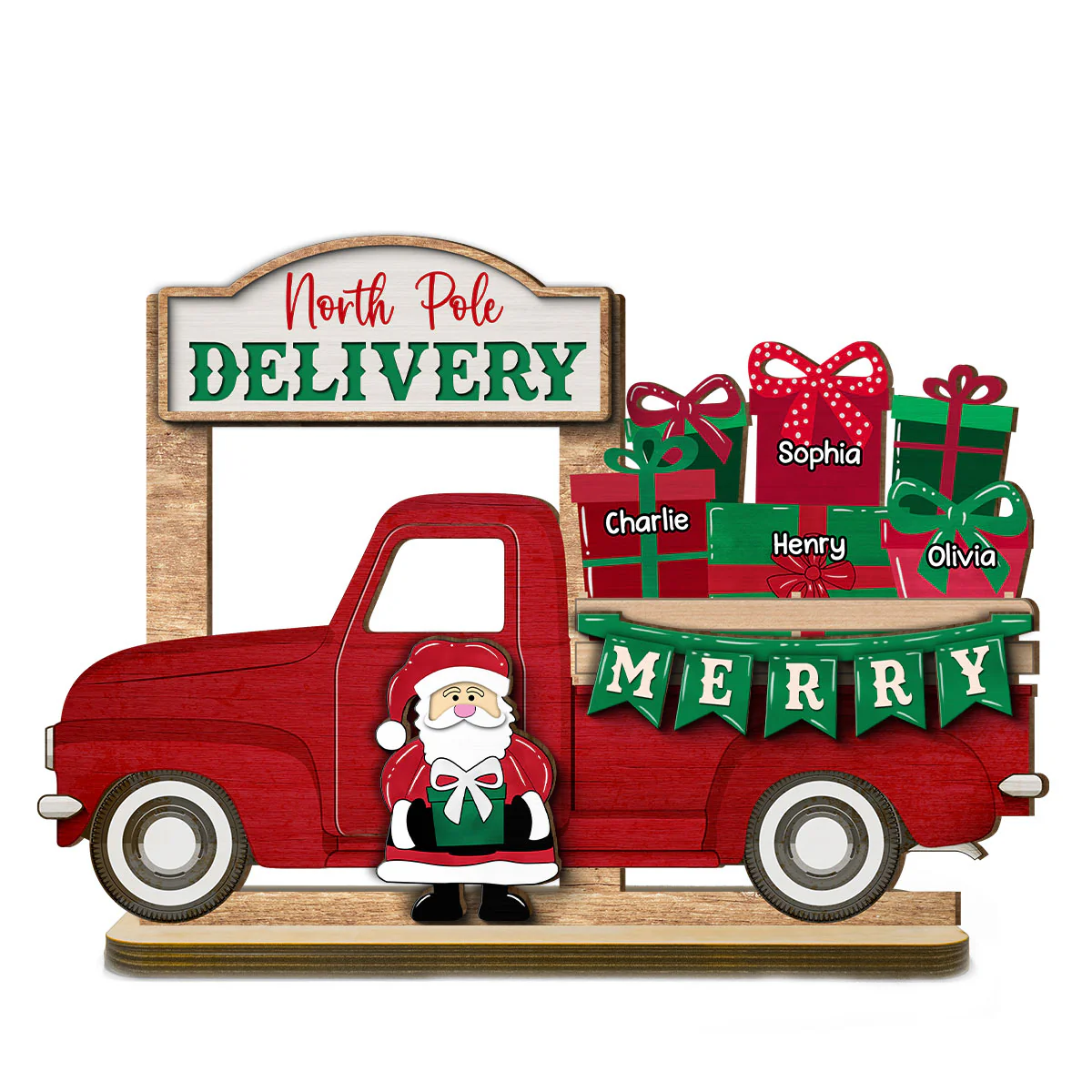 Santa Gifts Christmas Truck Personalized 2-Layer Standing Wooden Plaque, Christmas Decoration, Tiered Tray Decor - Image 2