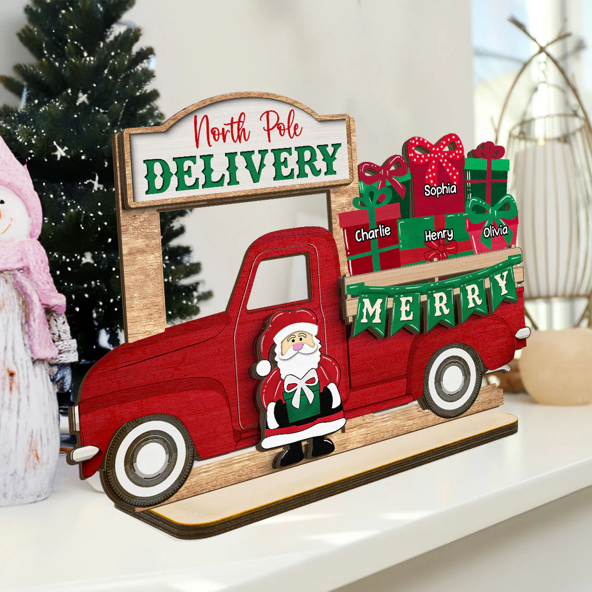 Santa Gifts Christmas Truck Personalized 2-Layer Standing Wooden Plaque, Christmas Decoration, Tiered Tray Decor - Image 3