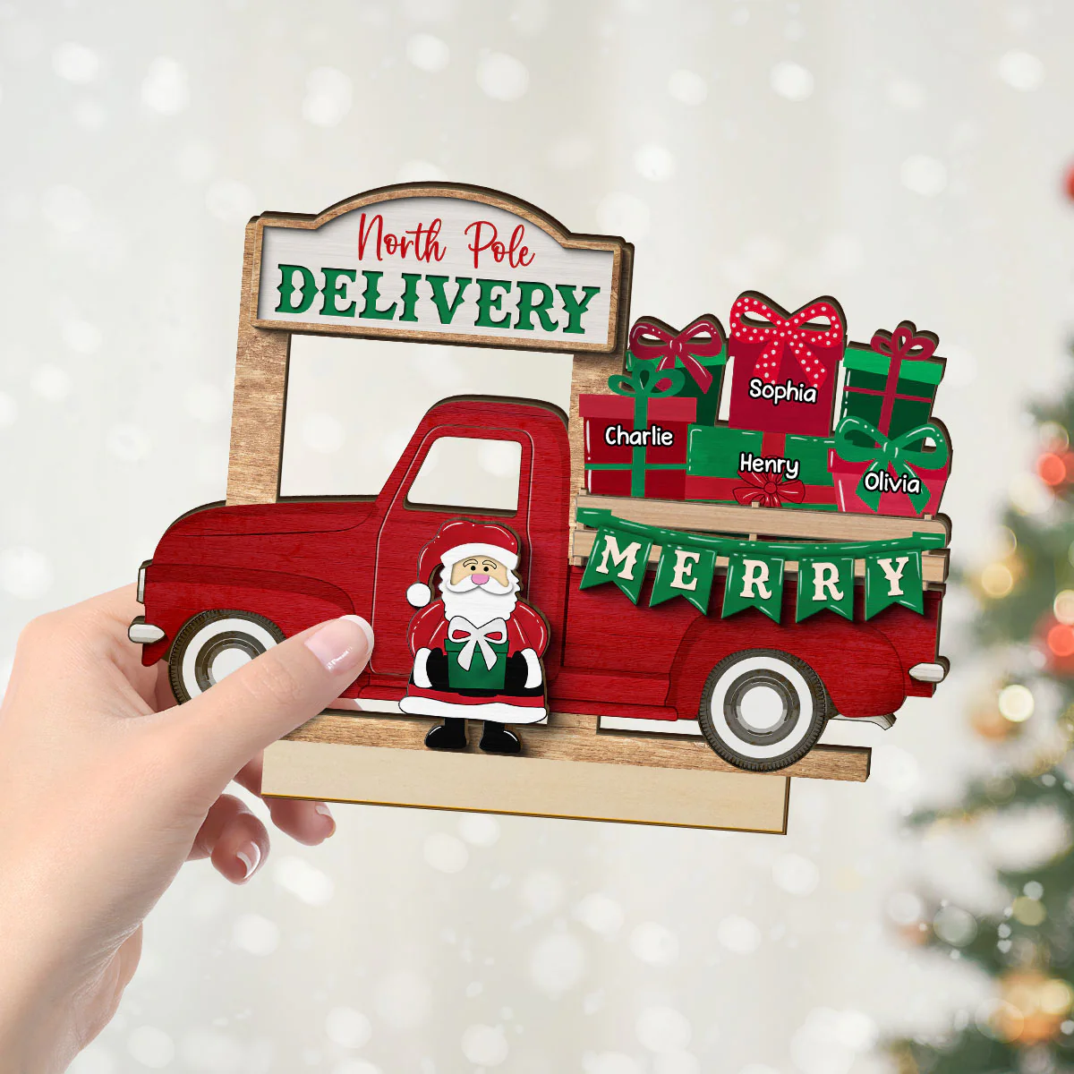 Santa Gifts Christmas Truck Personalized 2-Layer Standing Wooden Plaque, Christmas Decoration, Tiered Tray Decor - Image 4