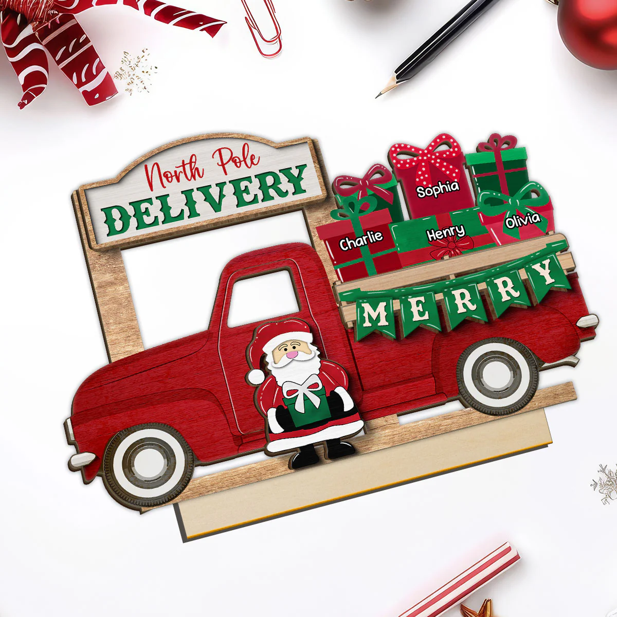 Santa Gifts Christmas Truck Personalized 2-Layer Standing Wooden Plaque, Christmas Decoration, Tiered Tray Decor - Image 5