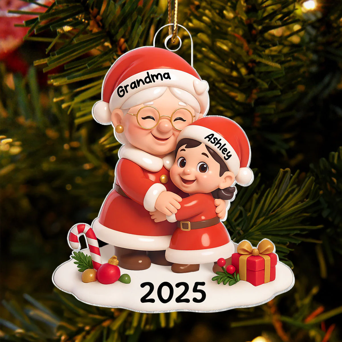 Santa Grandma Hugging Grandkid 3D Effect Personalized Acrylic Ornament, Christmas Gift for Grandson, Granddaughter, Grandma - Image 2