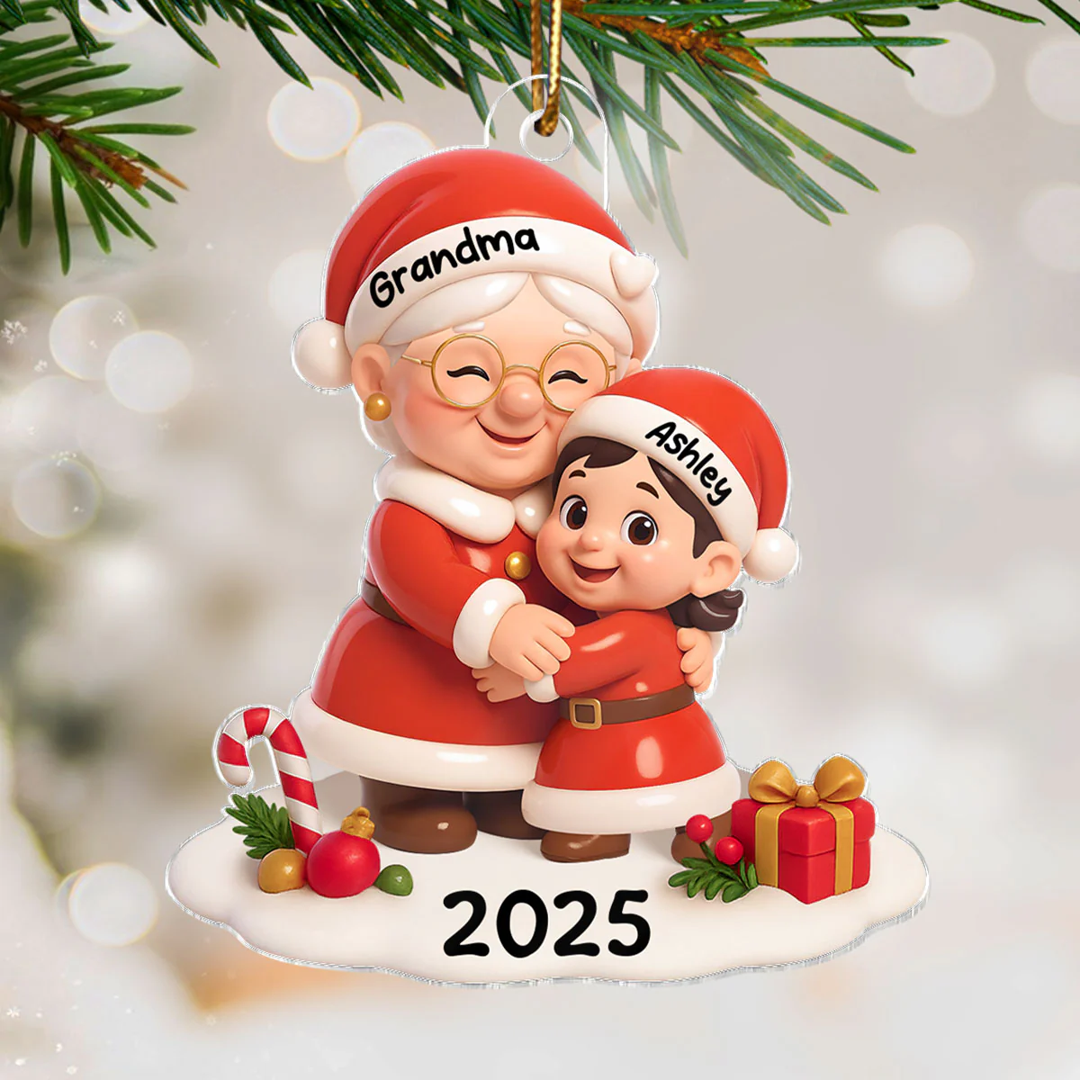 Santa Grandma Hugging Grandkid 3D Effect Personalized Acrylic Ornament, Christmas Gift for Grandson, Granddaughter, Grandma - Image 3