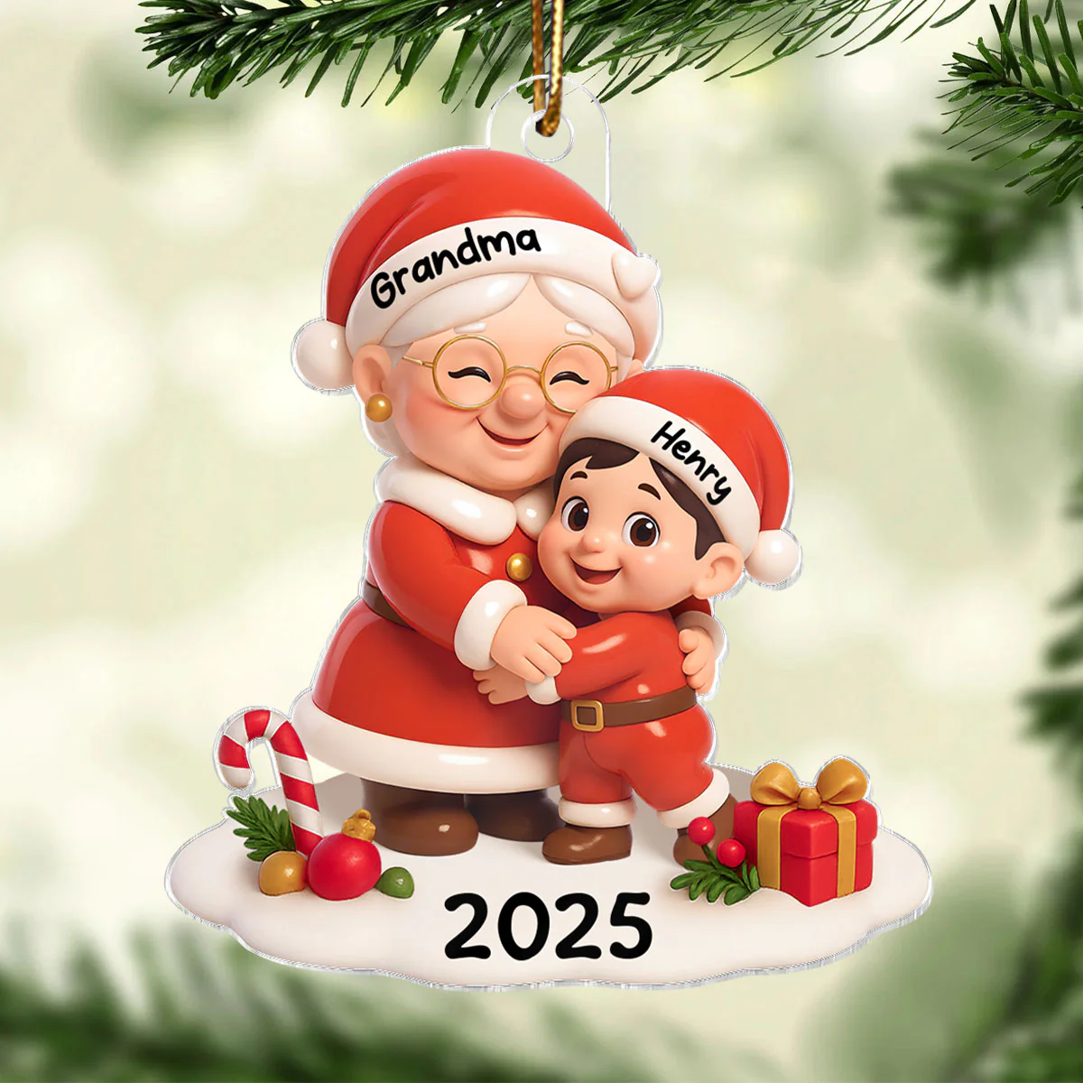Santa Grandma Hugging Grandkid 3D Effect Personalized Acrylic Ornament, Christmas Gift for Grandson, Granddaughter, Grandma - Image 4