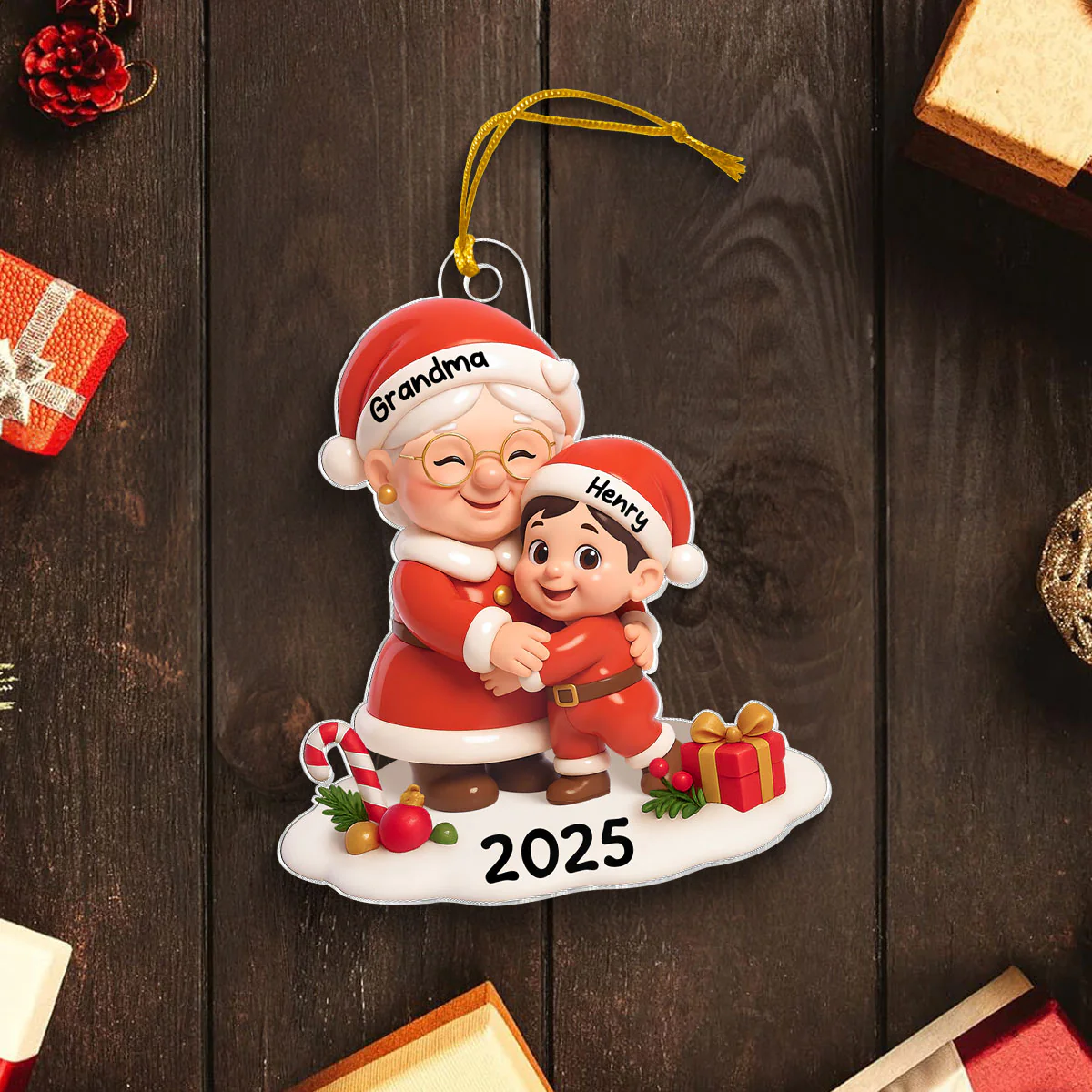 Santa Grandma Hugging Grandkid 3D Effect Personalized Acrylic Ornament, Christmas Gift for Grandson, Granddaughter, Grandma - Image 5