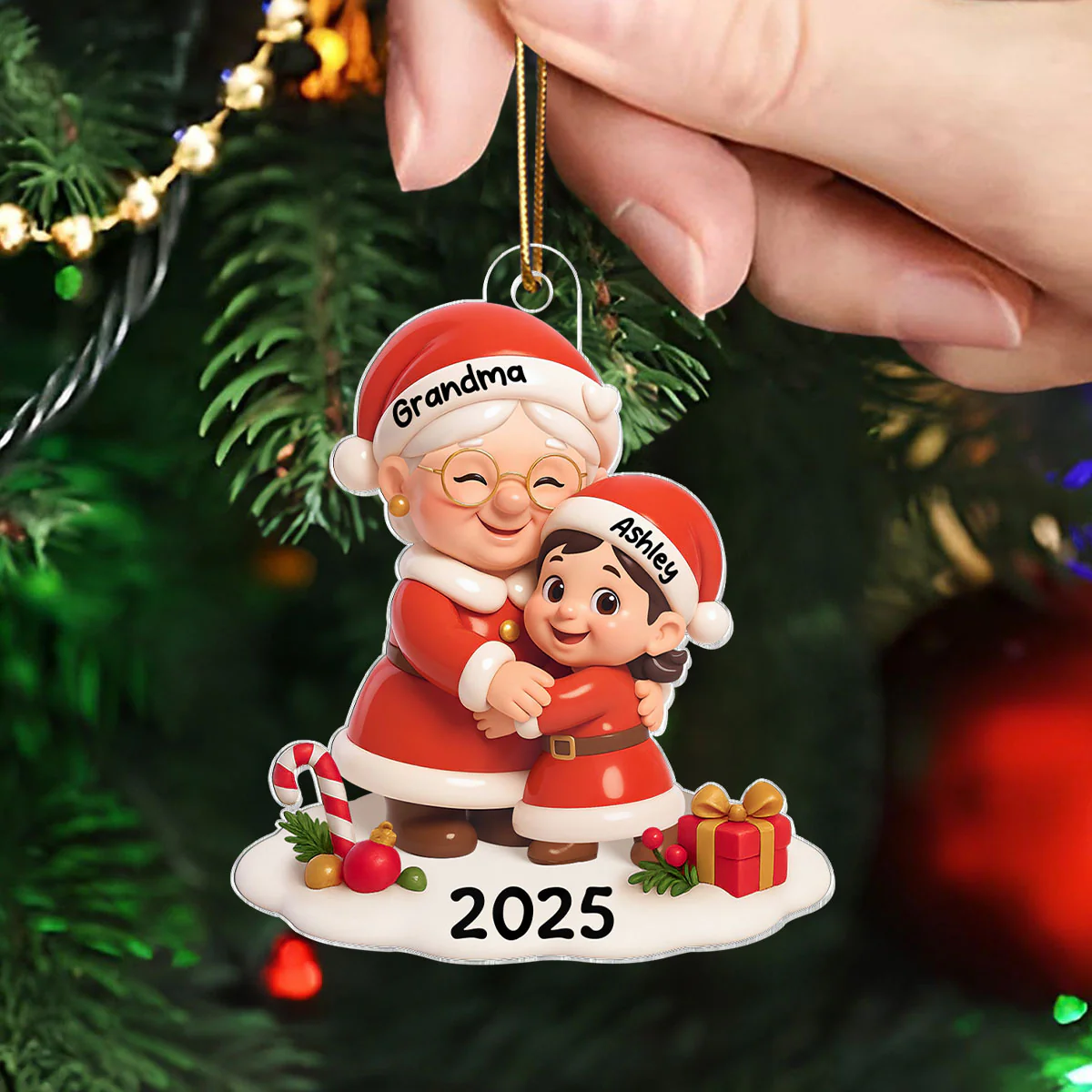 Santa Grandma Hugging Grandkid 3D Effect Personalized Acrylic Ornament, Christmas Gift for Grandson, Granddaughter, Grandma - Image 6