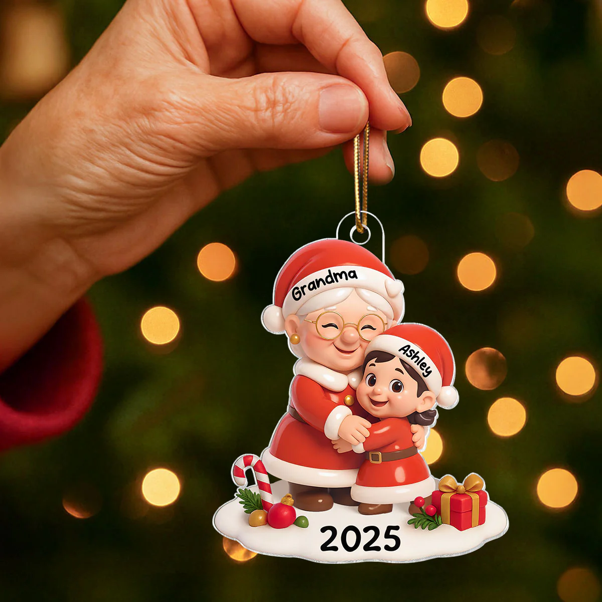 Santa Grandma Hugging Grandkid 3D Effect Personalized Acrylic Ornament, Christmas Gift for Grandson, Granddaughter, Grandma - Image 7
