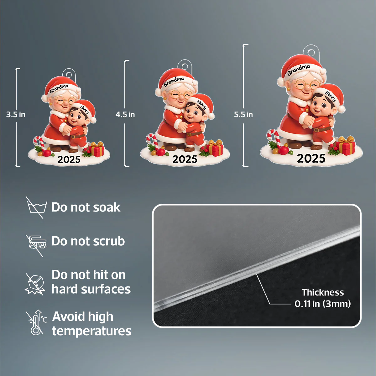 Santa Grandma Hugging Grandkid 3D Effect Personalized Acrylic Ornament, Christmas Gift for Grandson, Granddaughter, Grandma - Image 8