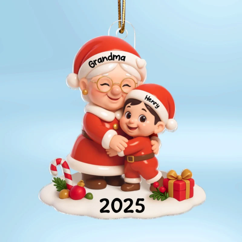 Santa Grandma Hugging Grandkid 3D Effect Personalized Acrylic Ornament, Christmas Gift for Grandson, Granddaughter, Grandma - Image 9