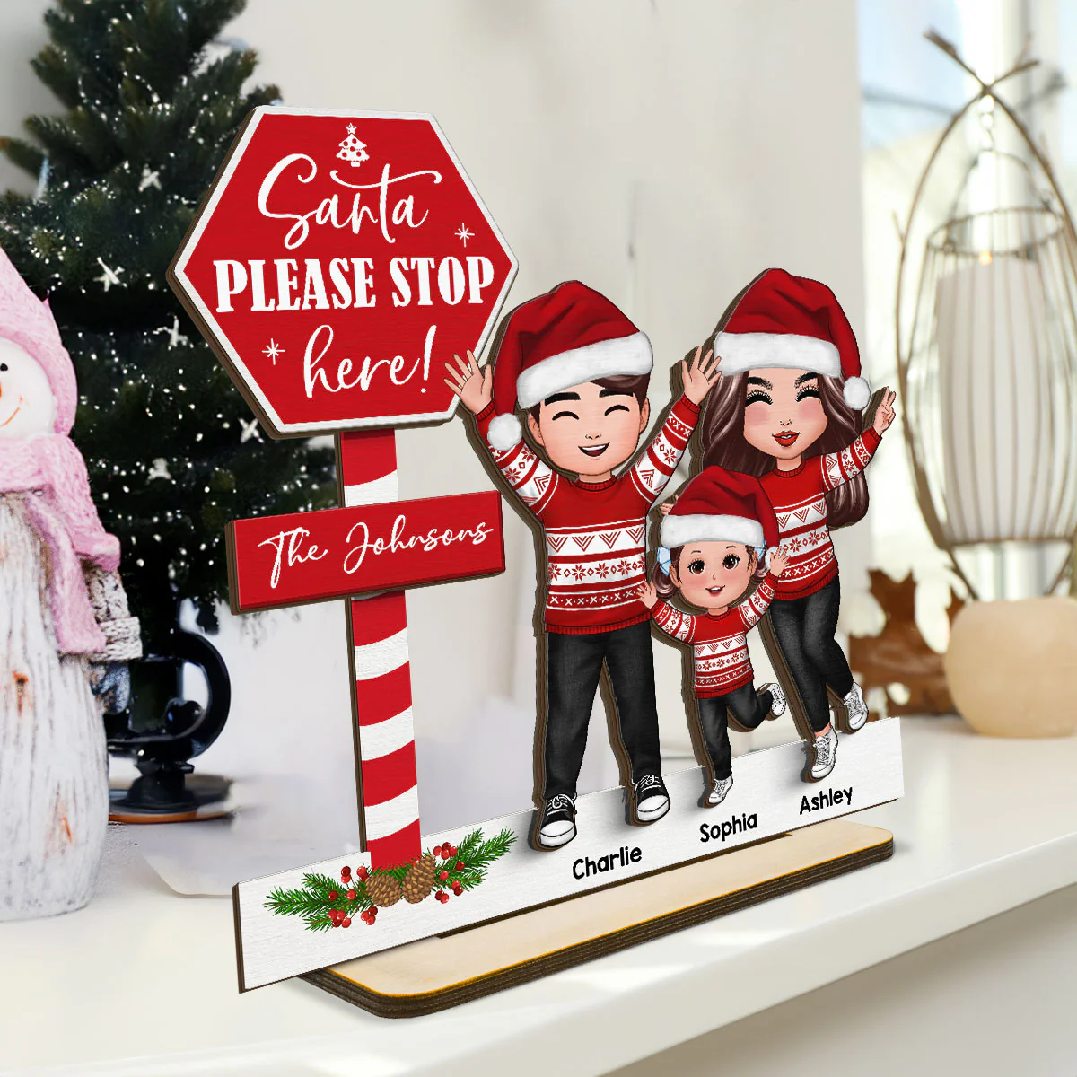 Santa Please Stop Here Family Christmas Decor Personalized 2-Layer Standing Wooden Plaque - Image 3