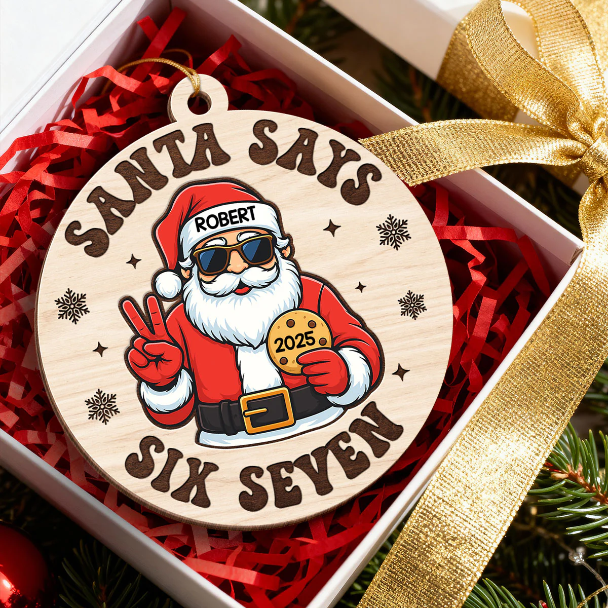 Santa Says Six Seven - Personalized Wooden Ornament - Teen Slang Funny 67 Tree Decor, Funny Teen Grandkid Gift - Image 4
