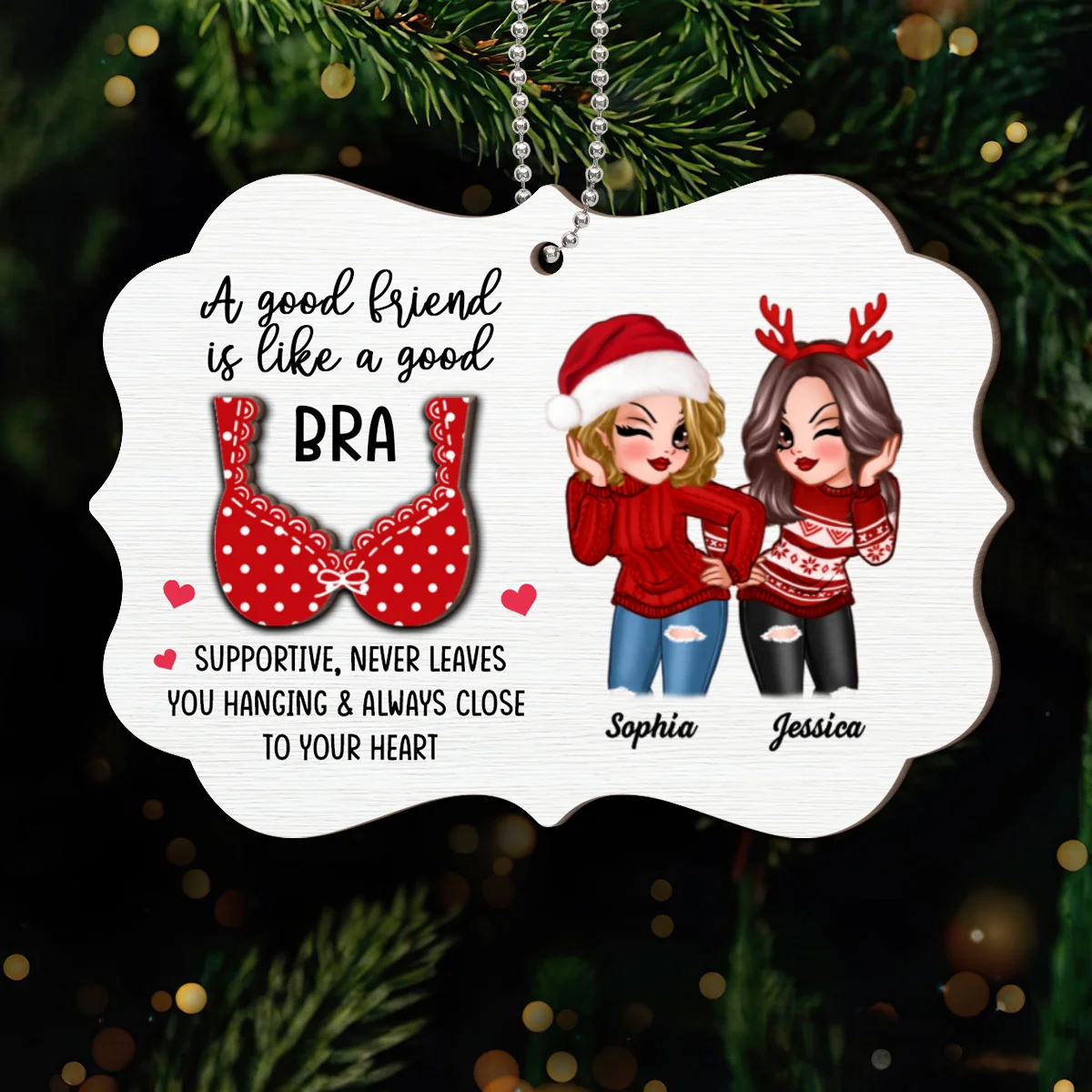 Sassy Besties A Good Friend Is Like A Good Bra Personalized 2-Layer Wooden Ornament - Image 10