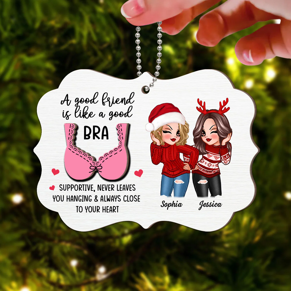 Sassy Besties A Good Friend Is Like A Good Bra Personalized 2-Layer Wooden Ornament - Image 2