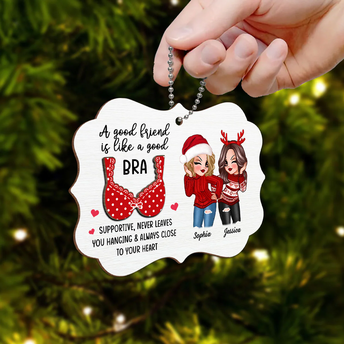 Sassy Besties A Good Friend Is Like A Good Bra Personalized 2-Layer Wooden Ornament - Image 5