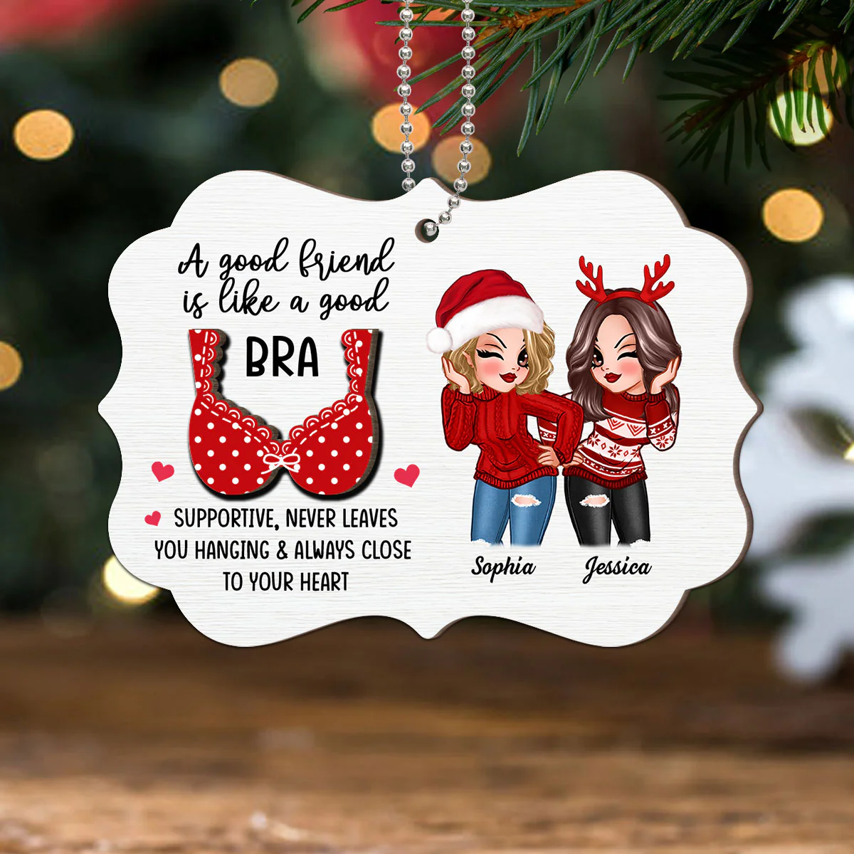Sassy Besties A Good Friend Is Like A Good Bra Personalized 2-Layer Wooden Ornament - Image 6