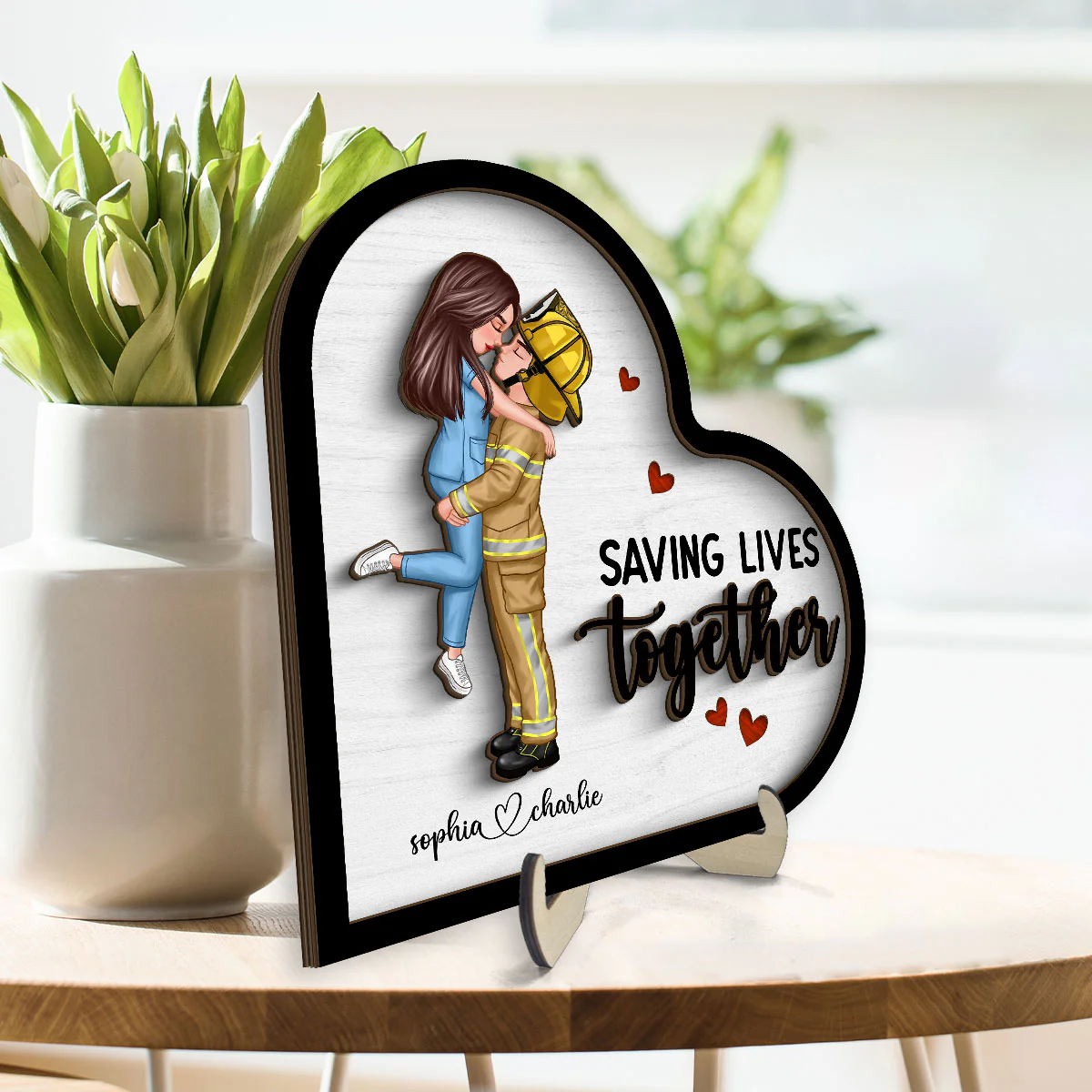 Saving Lives Together Couple Valentine‘s Day Gifts by Occupation Gift For Her Gift For Him Firefighter, Nurse, Police Officer Personalized 2-Layer Wooden Plaque - Image 3