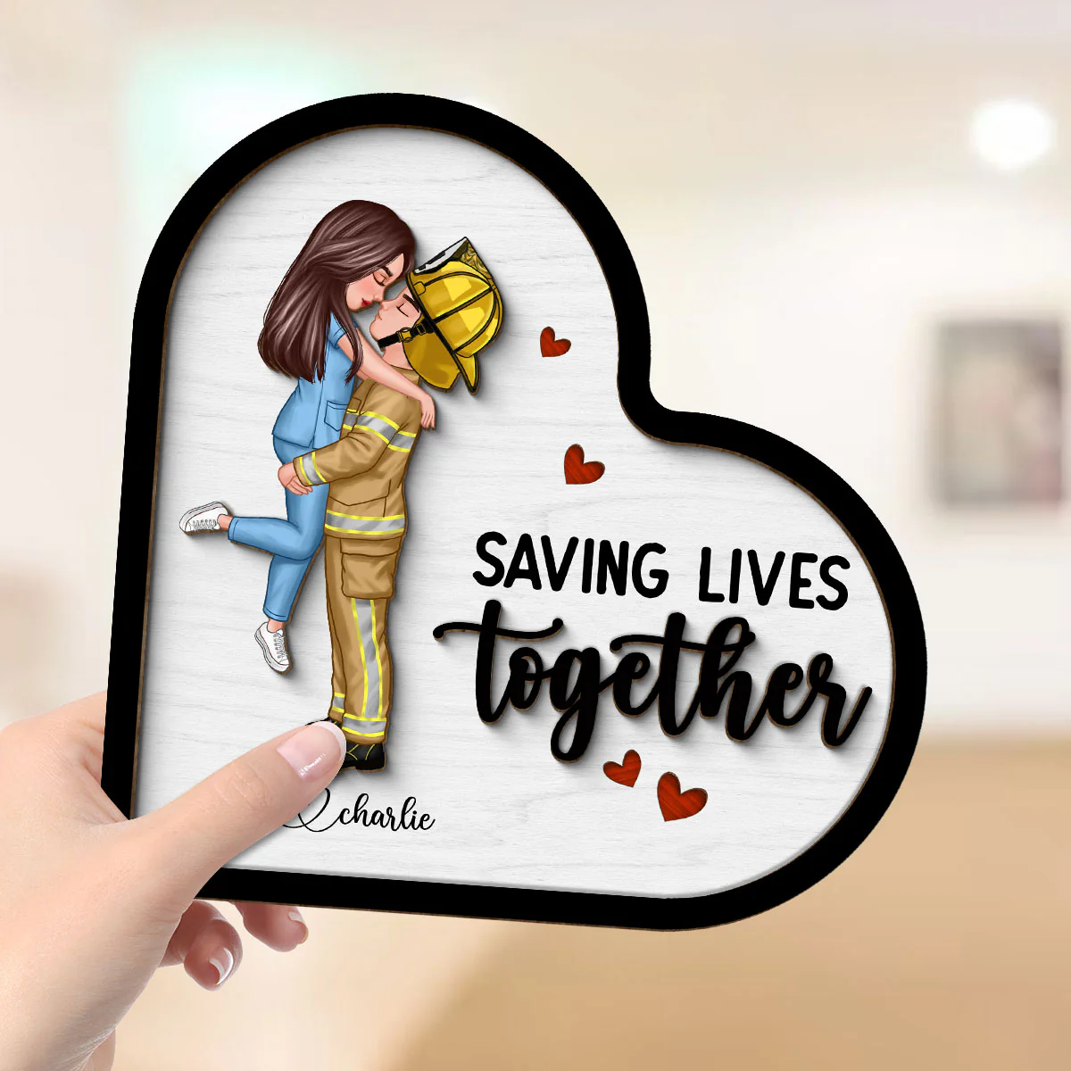 Saving Lives Together Couple Valentine‘s Day Gifts by Occupation Gift For Her Gift For Him Firefighter, Nurse, Police Officer Personalized 2-Layer Wooden Plaque - Image 4